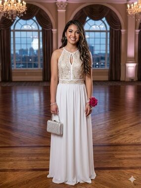Morgan & Co. Ivory Beaded Halter Prom Gown